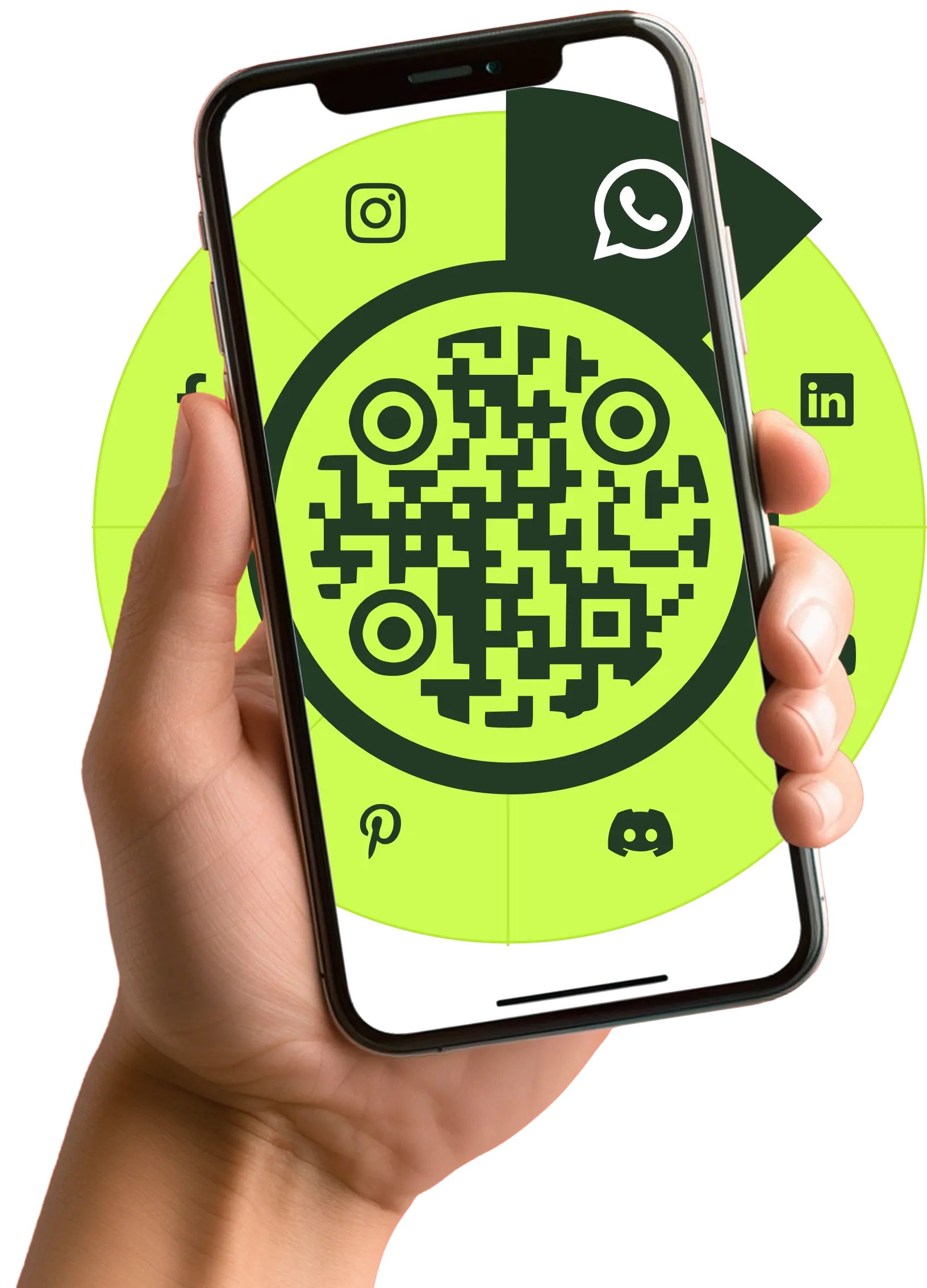 Hand holding a phone showing a JomQR profile