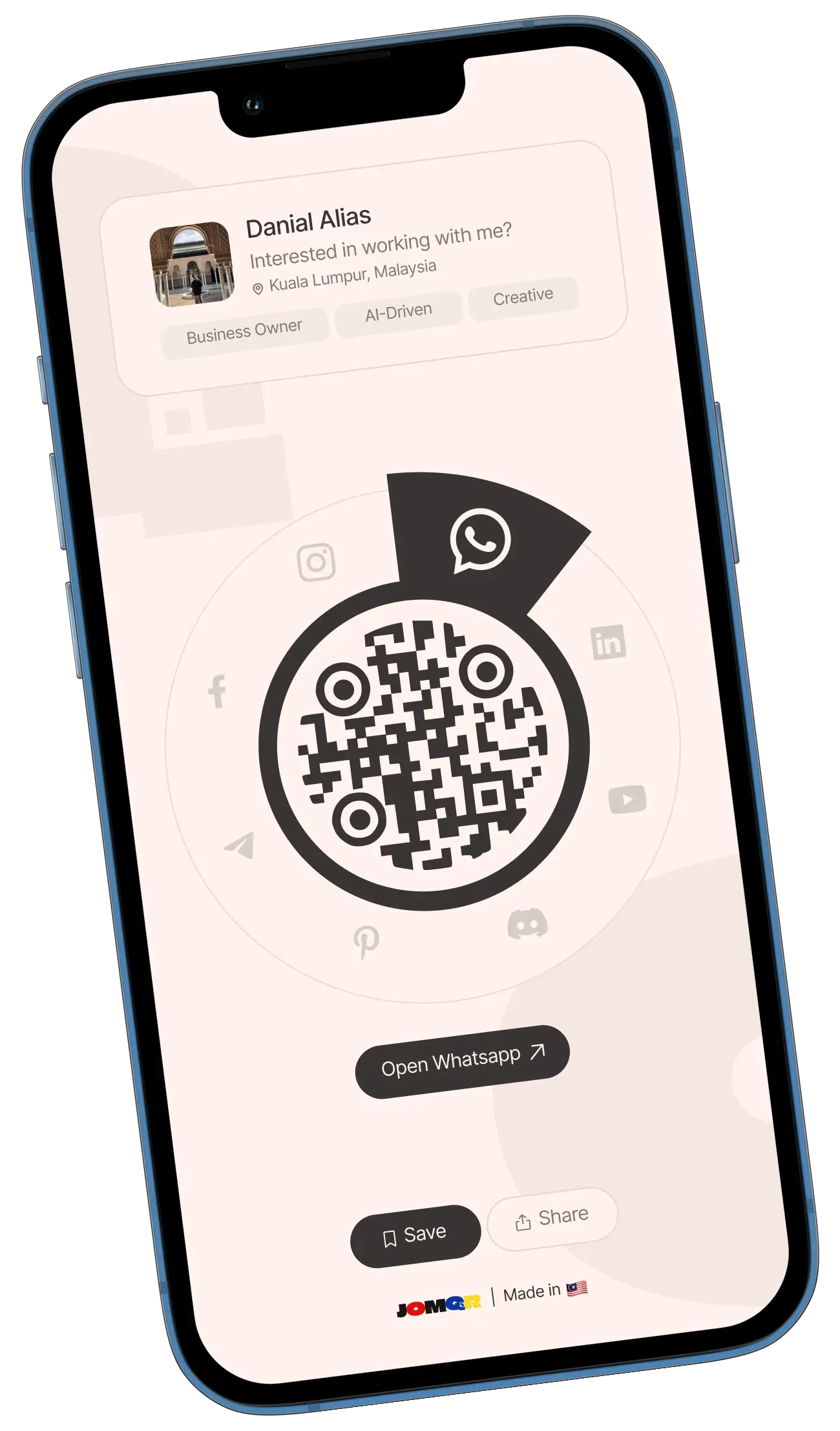 Phone mockup showing a JomQR profile QR card
